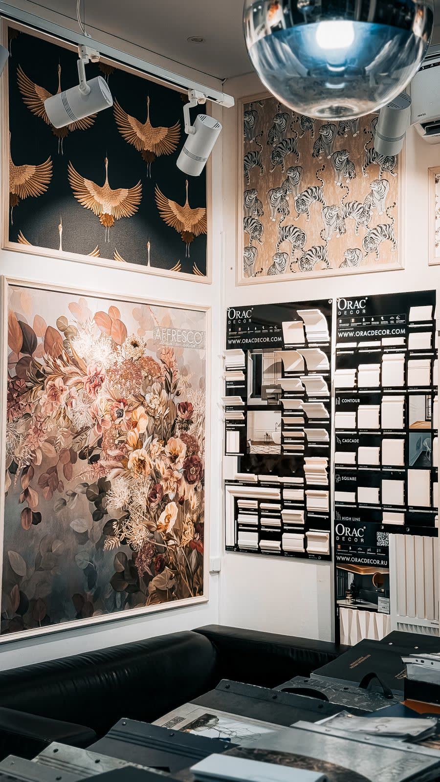 A wall panel display in an interior design store